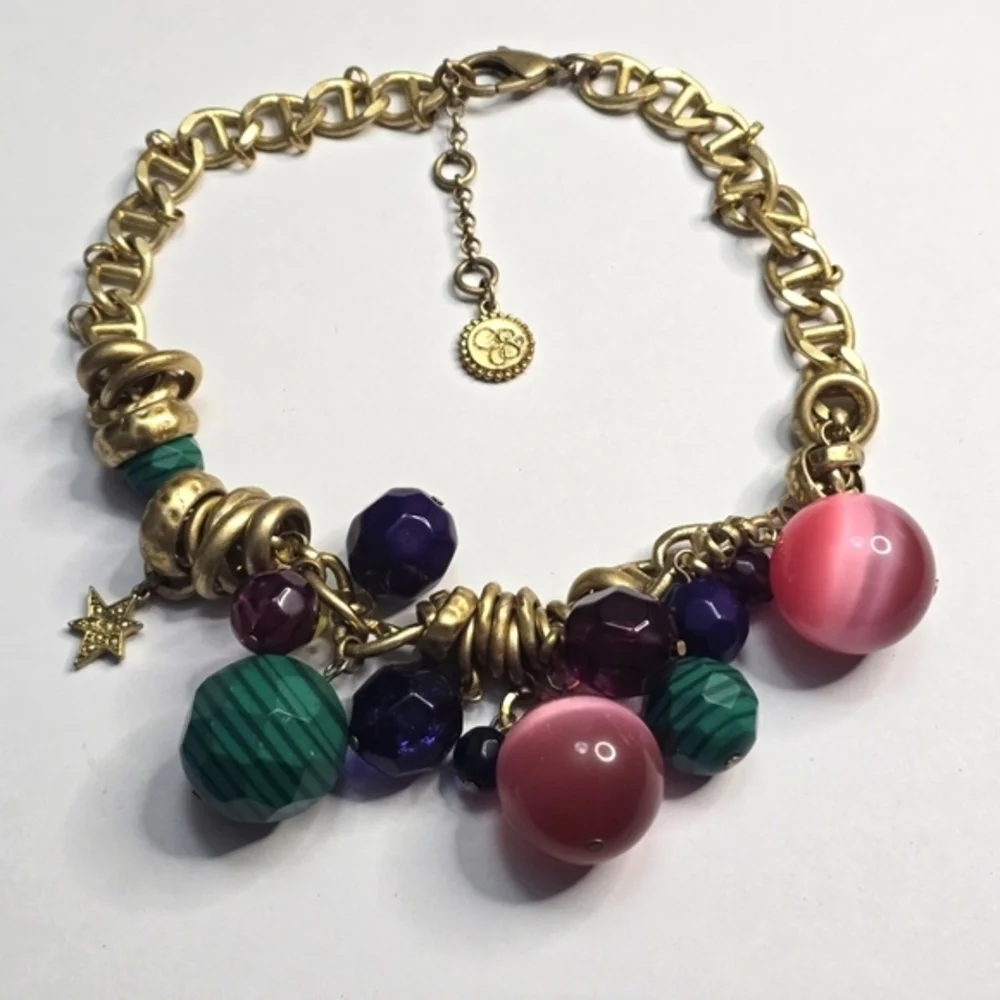 Jessica‎ Simpson Gold Charm Statement Necklace with Pink and Green Accents